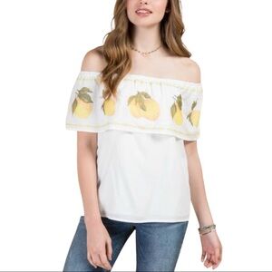Off Shoulder Lemon Embroidered Cross Stitch Pullover Blouse White Sz M
